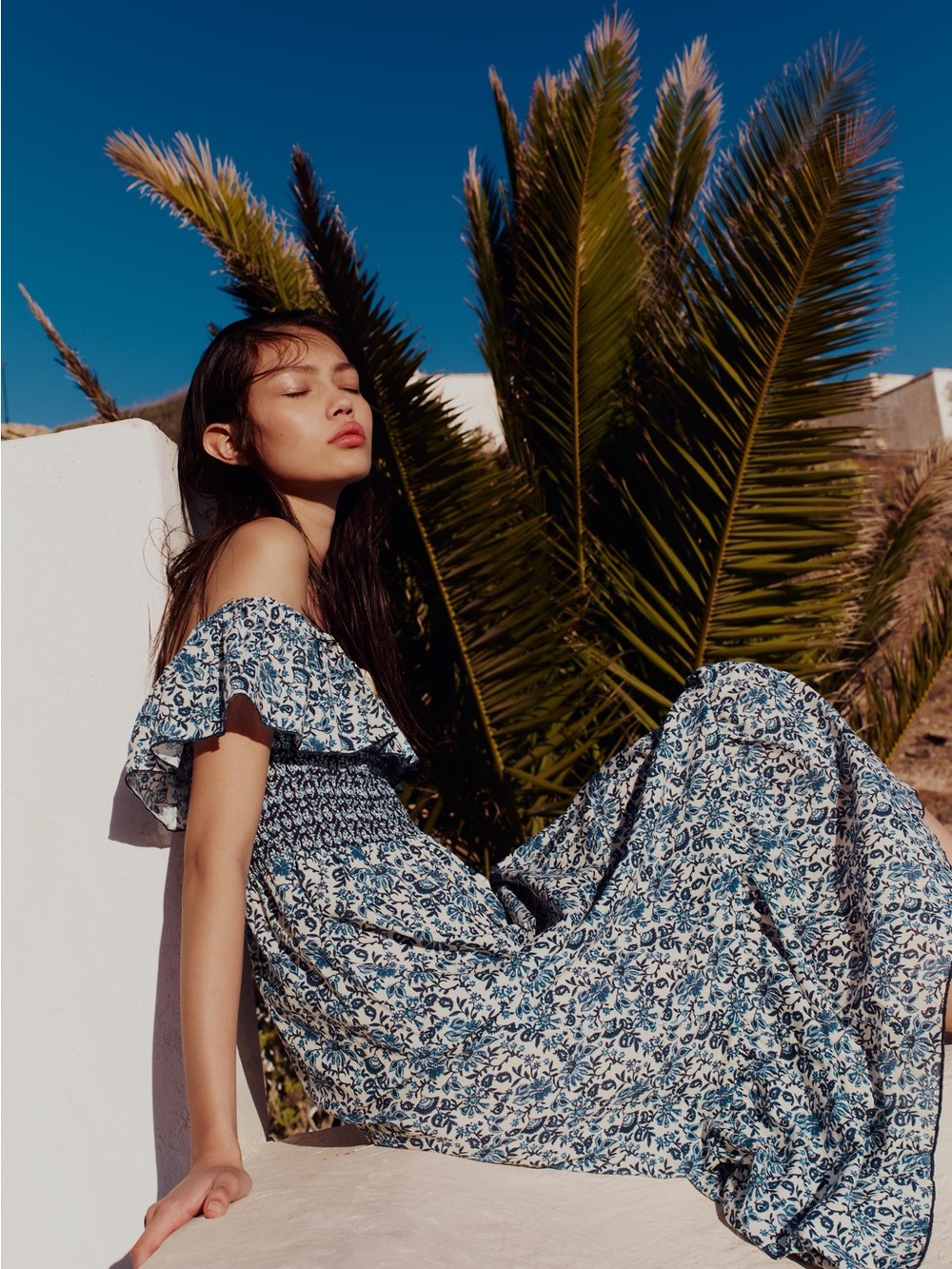 Zara Blue and White Floral Off-Shoulder Maxi Dress